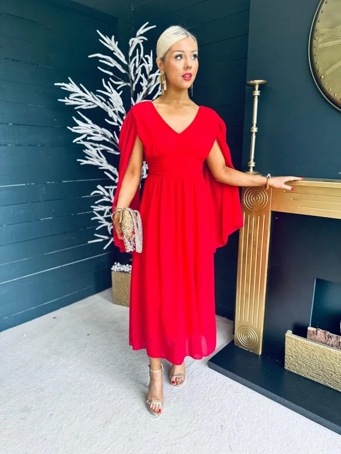 Women Midi Canella Lane Alannah Cape Detail Midi Dress Strawberry