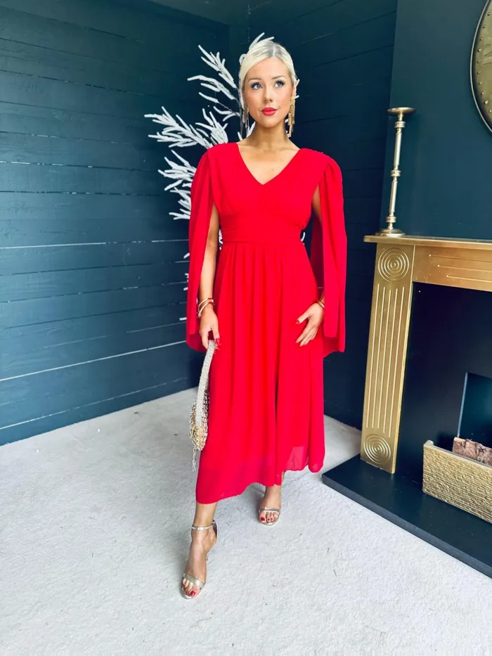 Women Midi Canella Lane Alannah Cape Detail Midi Dress Strawberry