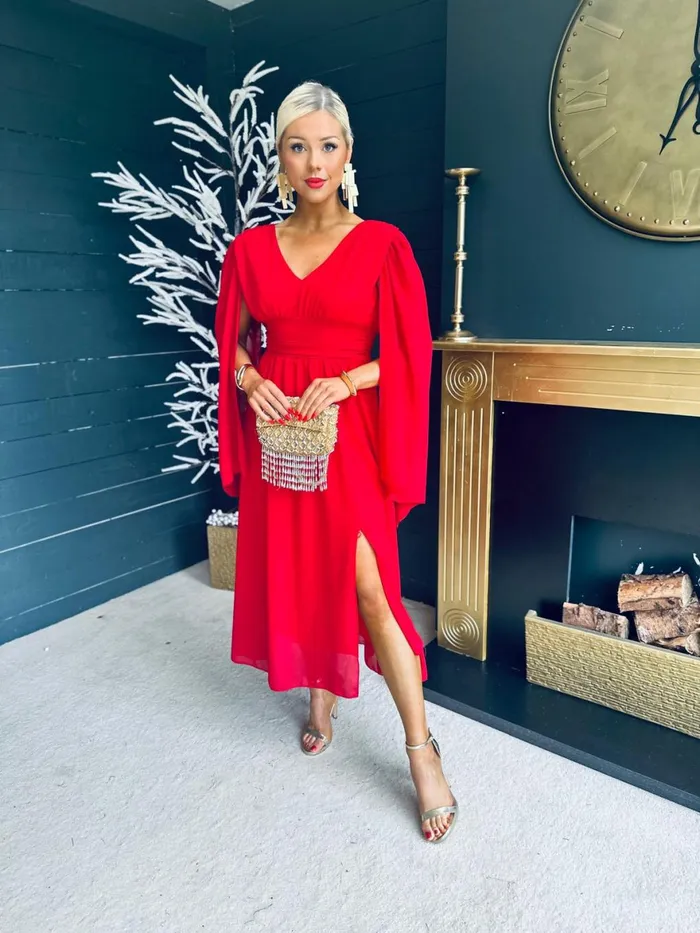 Women Midi Canella Lane Alannah Cape Detail Midi Dress Strawberry