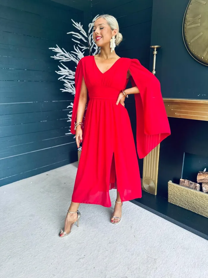 Women Midi Canella Lane Alannah Cape Detail Midi Dress Strawberry