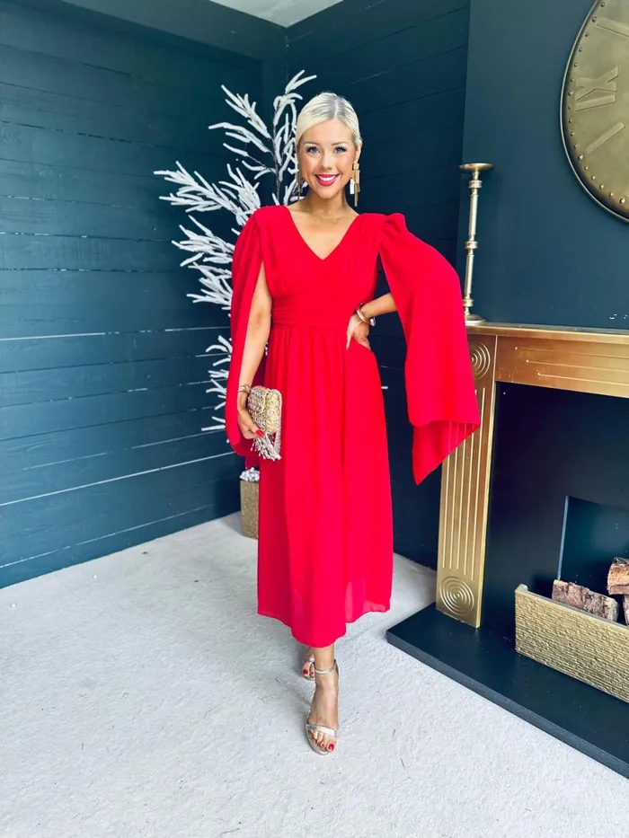 Women Midi Canella Lane Alannah Cape Detail Midi Dress Strawberry