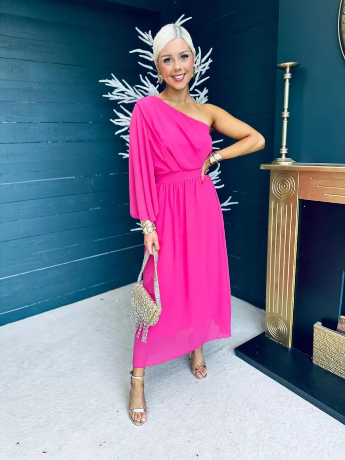 Women Midi Canella Lane Asher One Shoulder Midi Dress Cerise