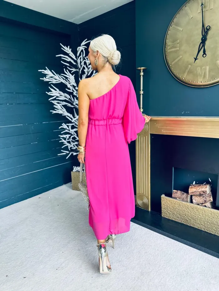 Women Midi Canella Lane Asher One Shoulder Midi Dress Cerise