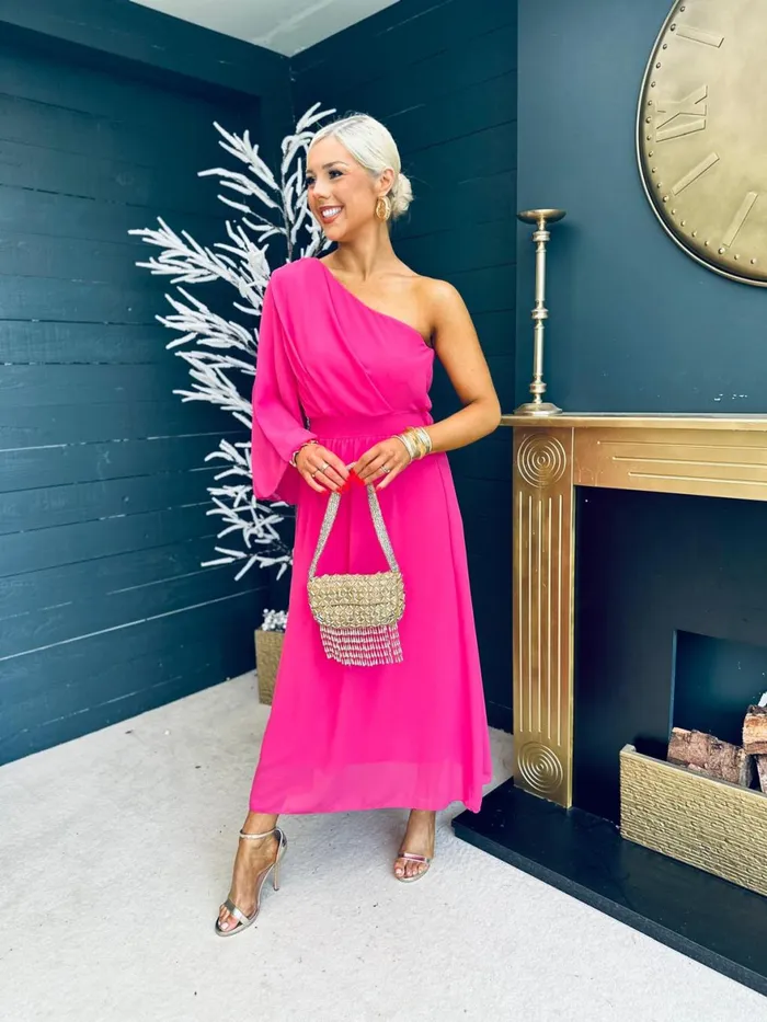Women Midi Canella Lane Asher One Shoulder Midi Dress Cerise