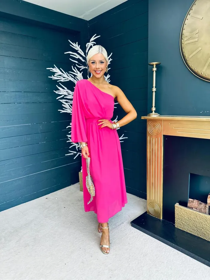 Women Midi Canella Lane Asher One Shoulder Midi Dress Cerise