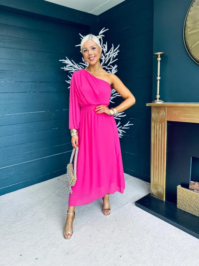 Women Midi Canella Lane Asher One Shoulder Midi Dress Cerise