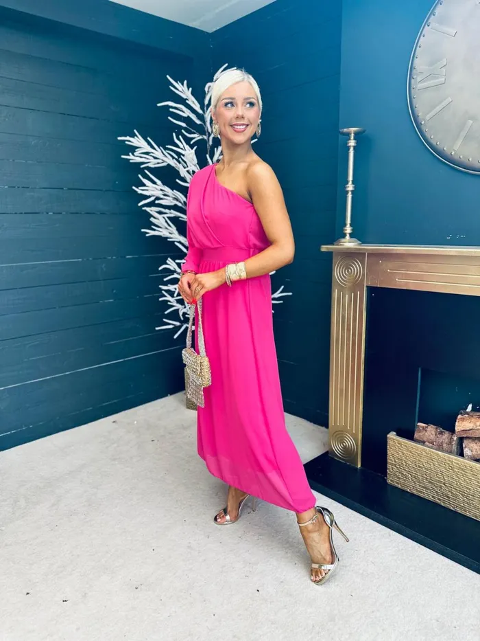 Women Midi Canella Lane Asher One Shoulder Midi Dress Cerise