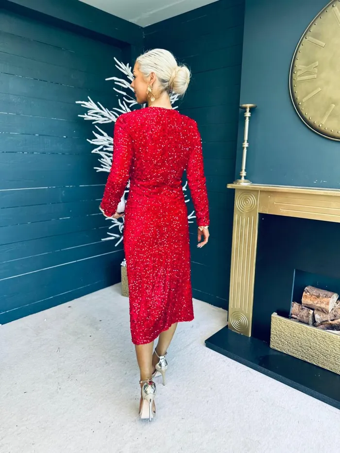 Women Midi Canella Lane Meade Sequin Midi Dress Red
