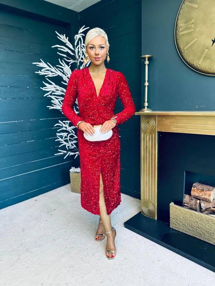 Women Midi Canella Lane Meade Sequin Midi Dress Red