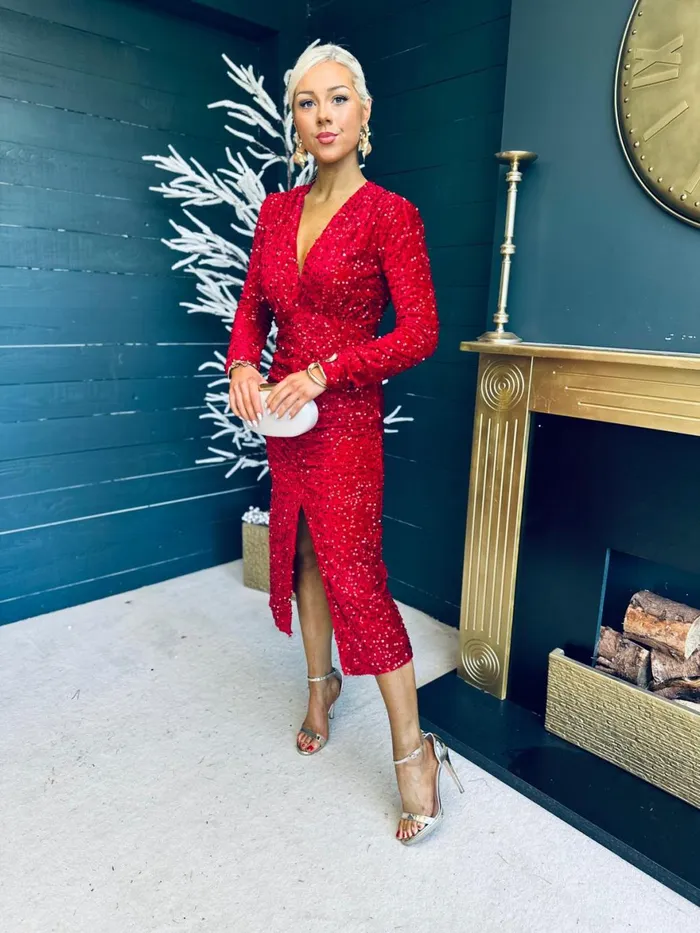 Women Midi Canella Lane Meade Sequin Midi Dress Red