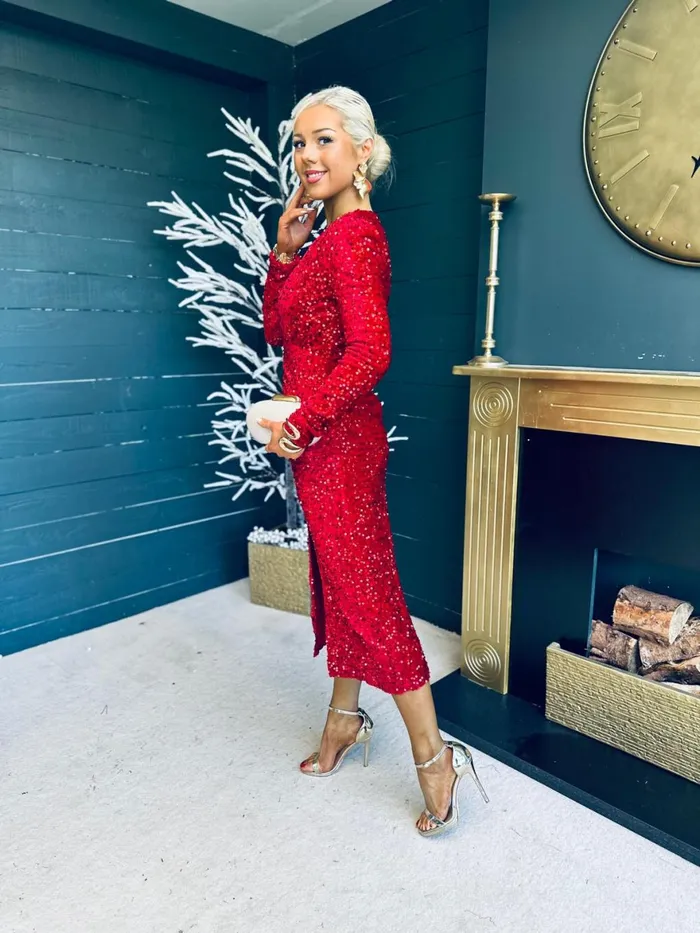 Women Midi Canella Lane Meade Sequin Midi Dress Red