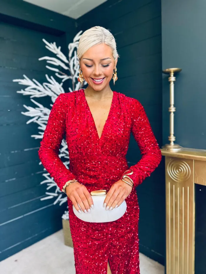 Women Midi Canella Lane Meade Sequin Midi Dress Red