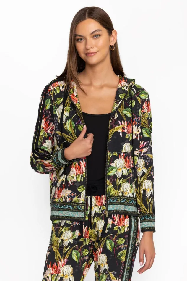 Women Outerwear Johnny Was ZIP FRONT HOODIE WITH TAPE Iris Whisper Scarf Print