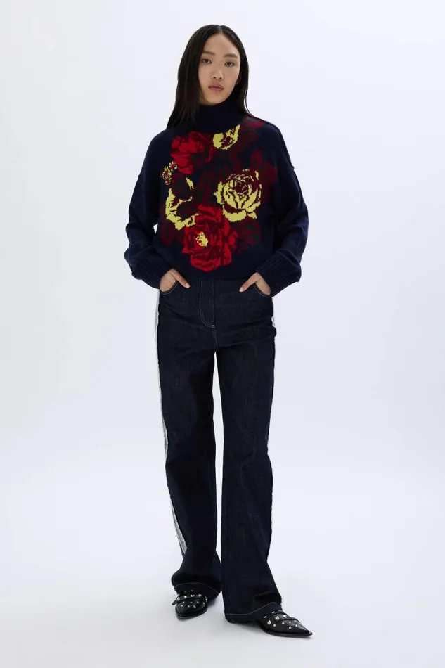 Women Oversized High Neck Sweater Navy Blue Sonia Rykiel Sweaters