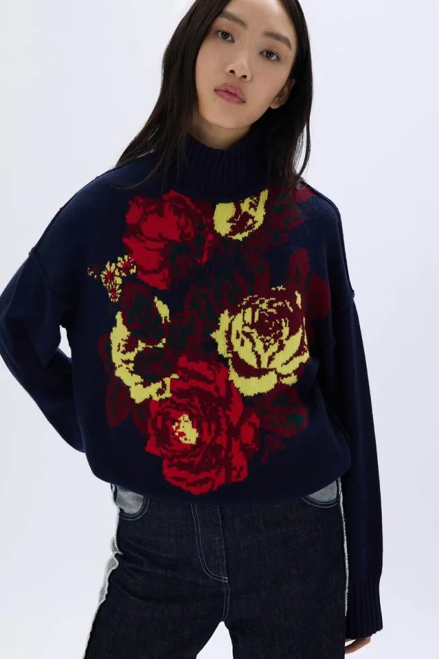 Women Oversized High Neck Sweater Navy Blue Sonia Rykiel Sweaters