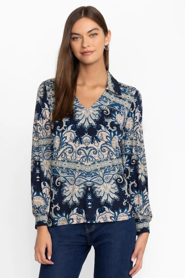 Women Petites Johnny Was THE JANIE FAVORITE PUFF SLEEVE POLO Roman Paisey Scarf Print Women Petites Johnny Was THE JANIE FAVORITE PUFF SLEEVE POLO Roman Paisey Scarf Print