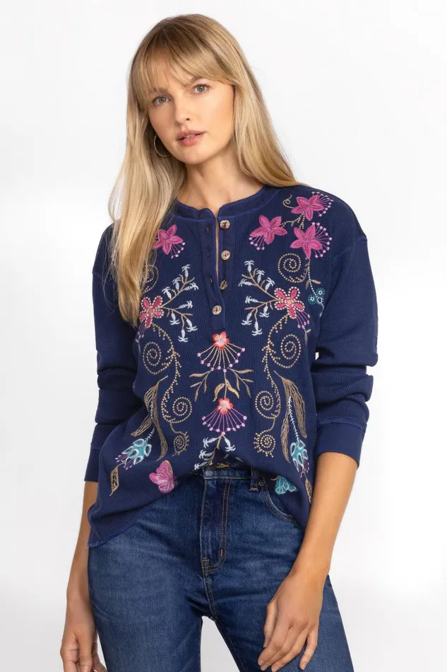 Women Petites Johnny Was THERMAL HENLEY Blue Night