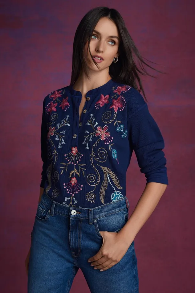 Women Petites Johnny Was THERMAL HENLEY Blue Night Women Petites Johnny Was THERMAL HENLEY Blue Night