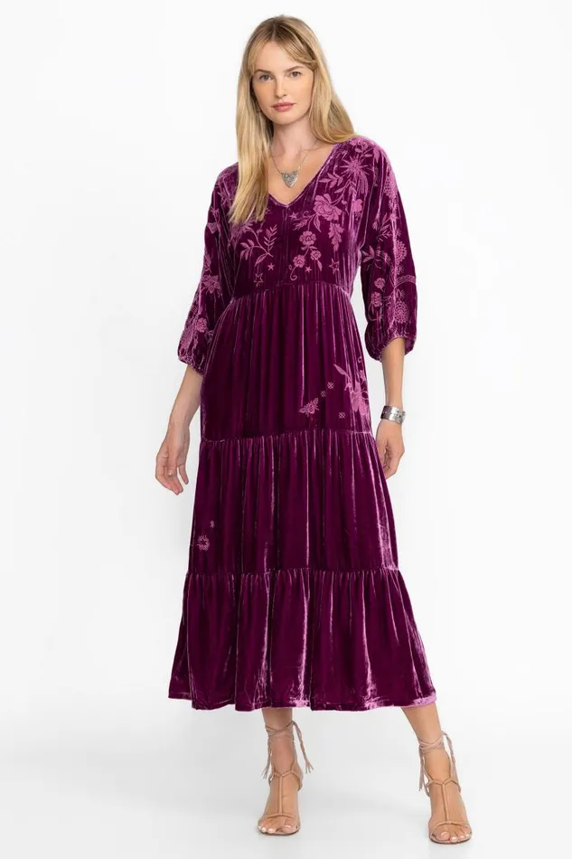 Women Petites Johnny Was VELVET DOLMAN TIERED DRESS Sugar Plum