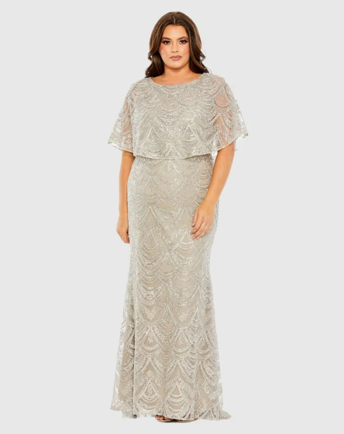 Women Plus Size Dresses Mac Duggal High Neck Embellished Column Dress With Cape Plus Size Gown Platinum