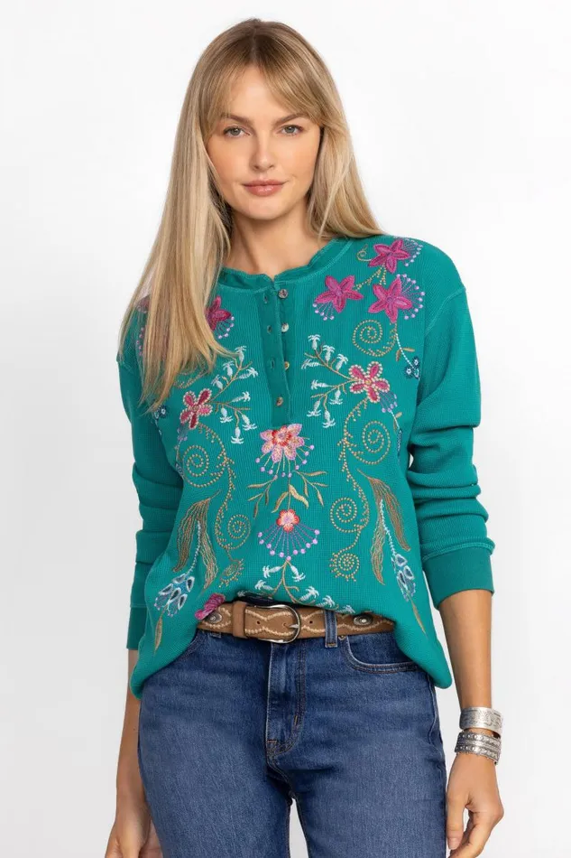 Women Plus Size Johnny Was THERMAL HENLEY Quetzal Green