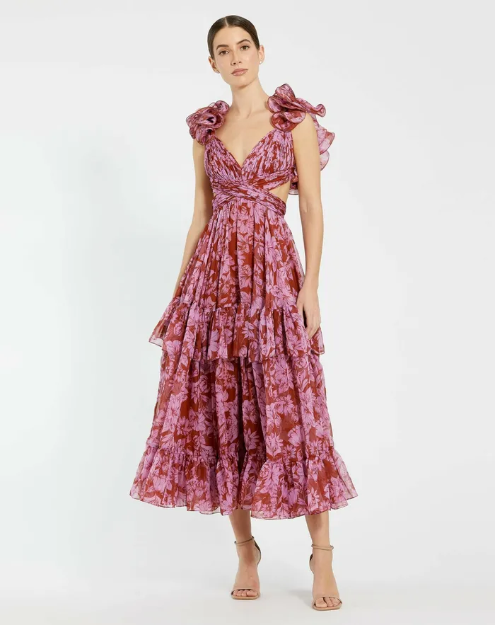 Women Ruffle Tiered CutOut Chiffon Midi Dress Red Multi Daytime Dresses Mac Duggal