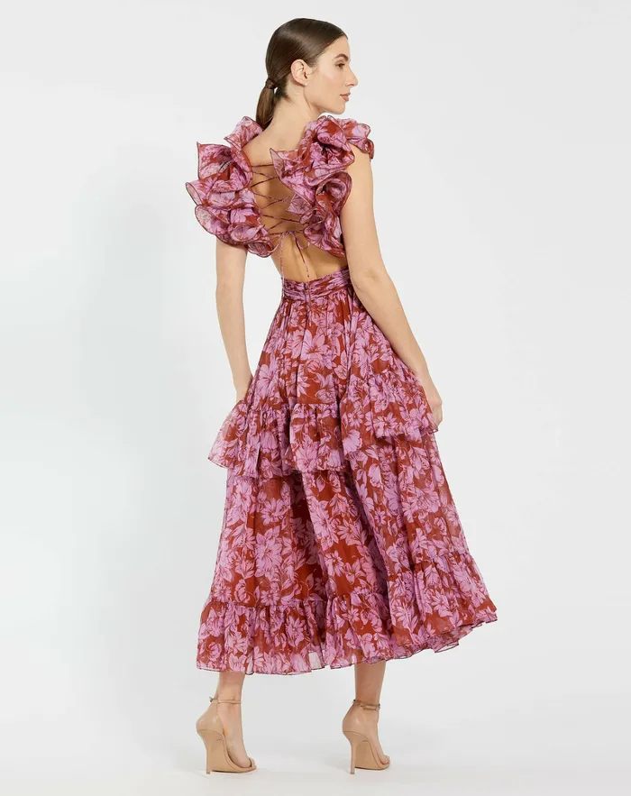 Women Ruffle Tiered CutOut Chiffon Midi Dress Red Multi Daytime Dresses Mac Duggal