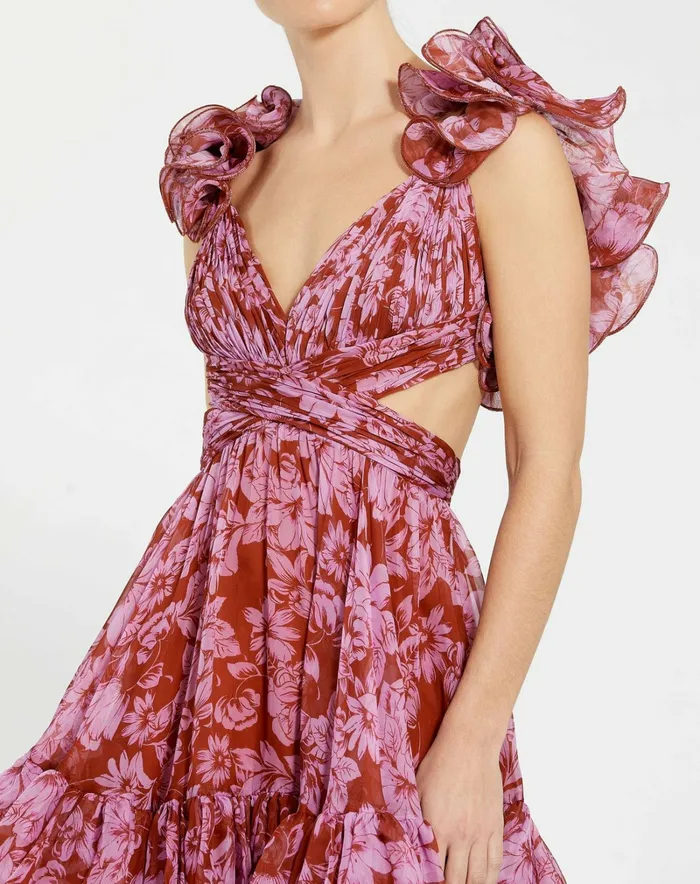 Women Ruffle Tiered CutOut Chiffon Midi Dress Red Multi Daytime Dresses Mac Duggal