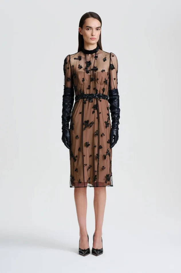 Women Scanlan Theodore Dresses BEADED TULLE DRESS Black