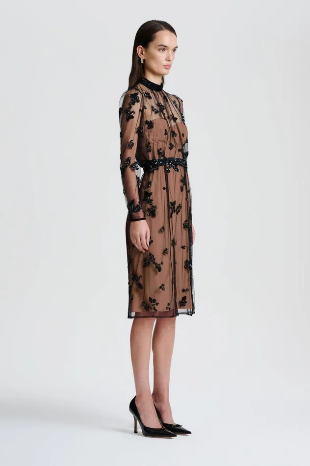 Women Scanlan Theodore Dresses BEADED TULLE DRESS Black Women Scanlan Theodore Dresses BEADED TULLE DRESS Black