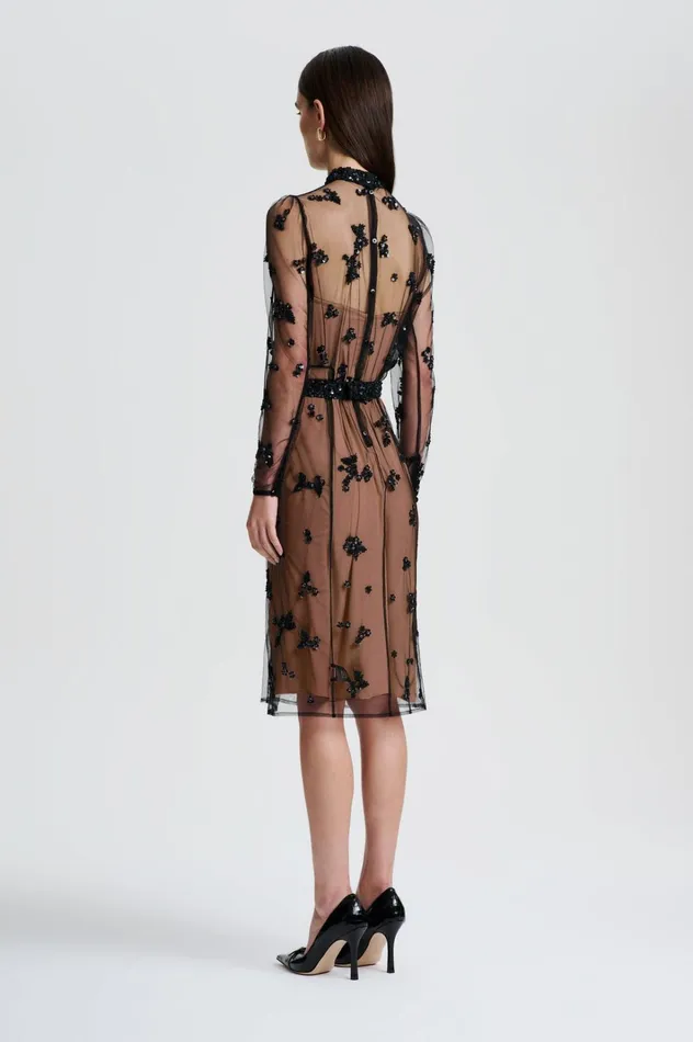 Women Scanlan Theodore Dresses BEADED TULLE DRESS Black Women Scanlan Theodore Dresses BEADED TULLE DRESS Black