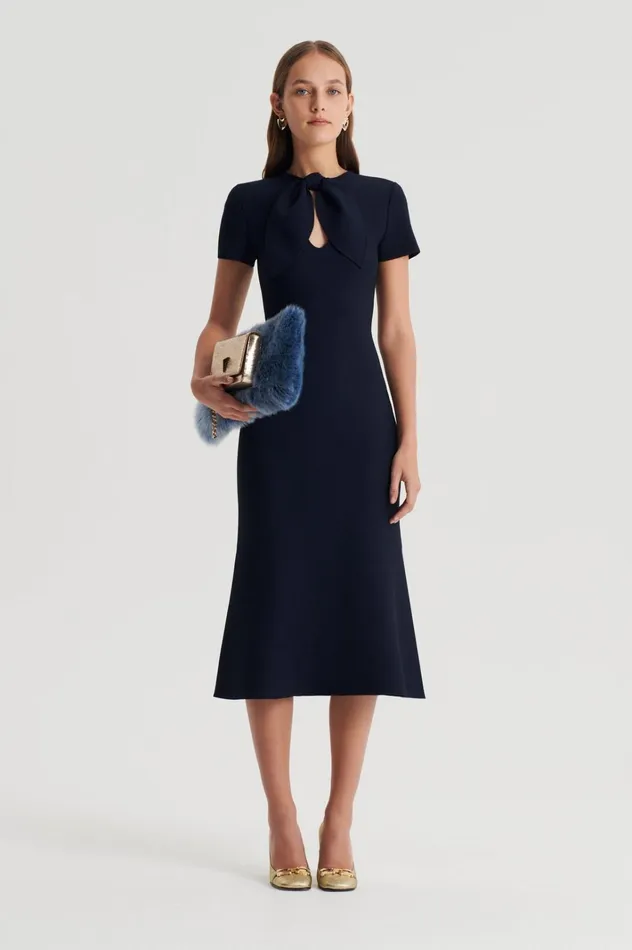 Women Scanlan Theodore Dresses CREPE KNIT CRAVAT DRESS Navy