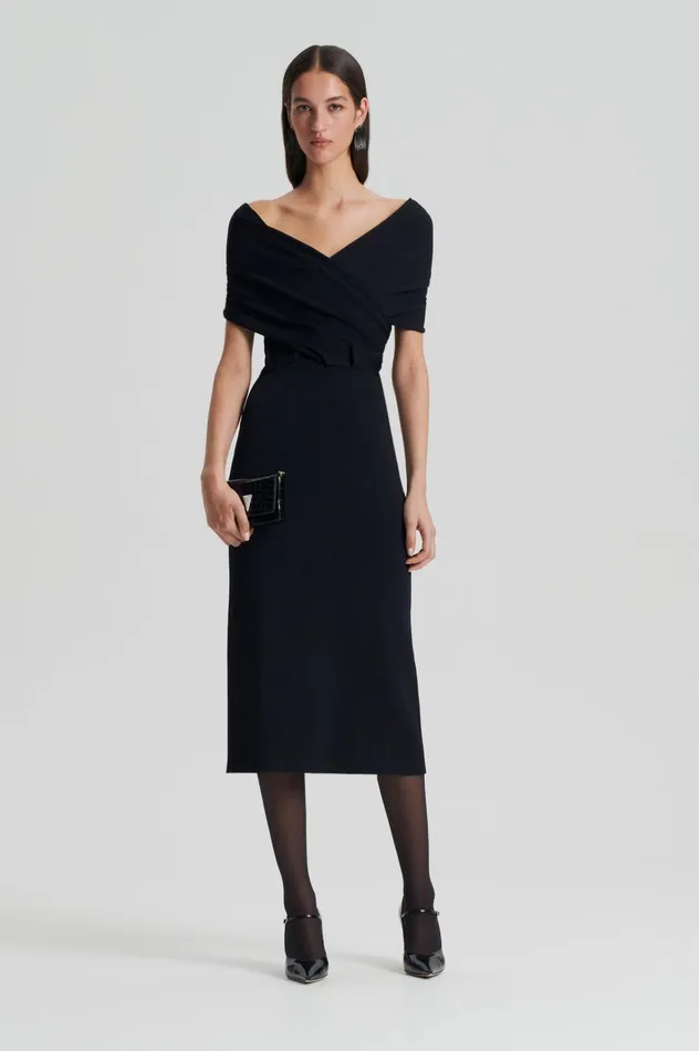 Women Scanlan Theodore Dresses CREPE KNIT DRAPE SHOULDER DRESS Black