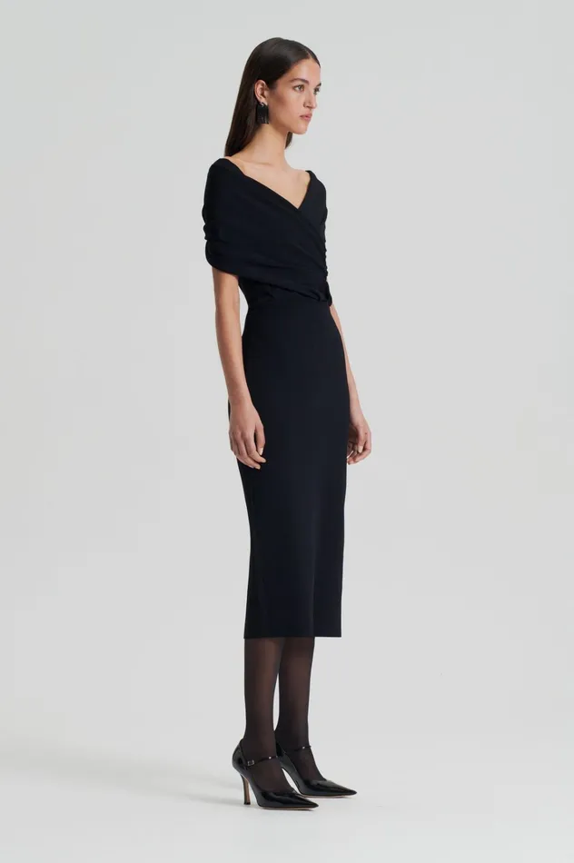 Women Scanlan Theodore Dresses CREPE KNIT DRAPE SHOULDER DRESS Black