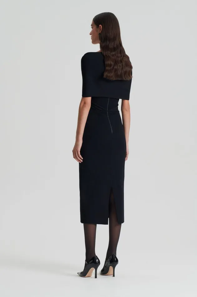Women Scanlan Theodore Dresses CREPE KNIT DRAPE SHOULDER DRESS Black
