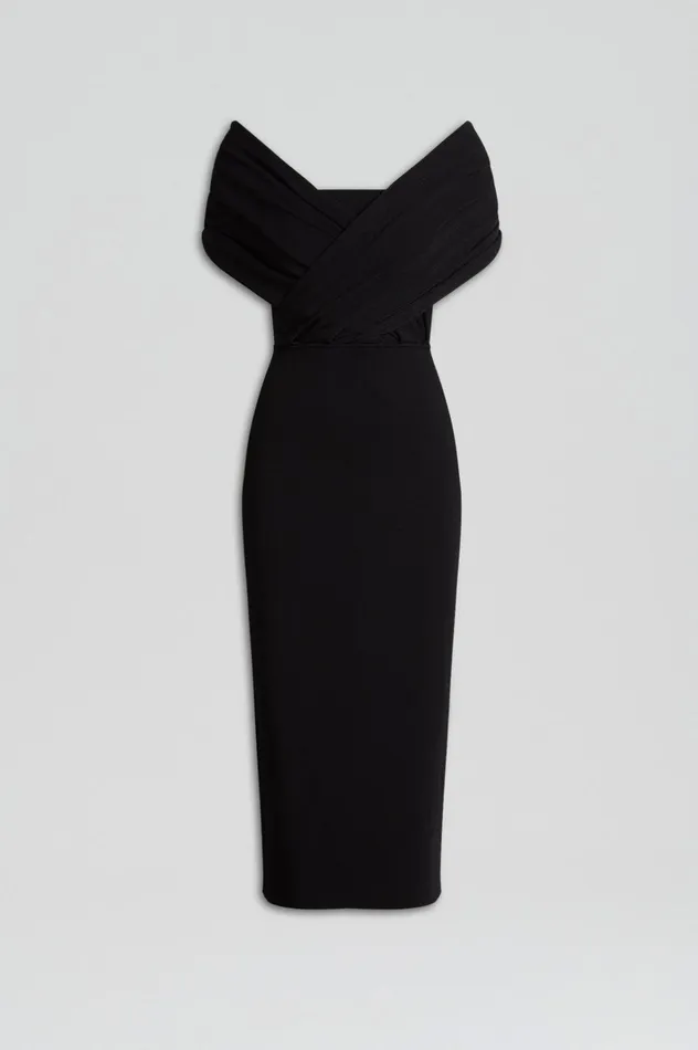 Women Scanlan Theodore Dresses CREPE KNIT DRAPE SHOULDER DRESS Black