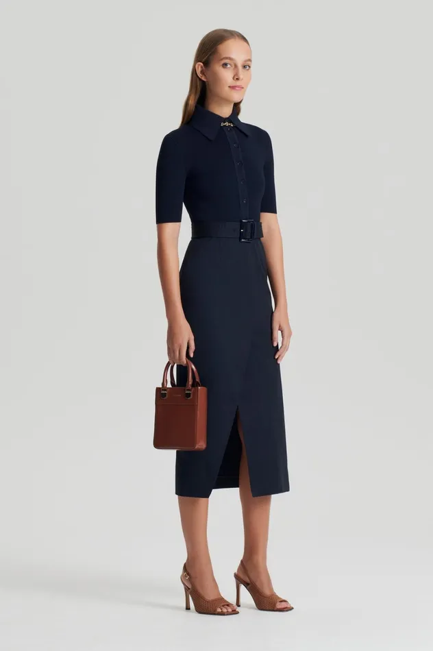 Women Scanlan Theodore Dresses CREPE KNIT PENCIL COTTON DRESS Navy