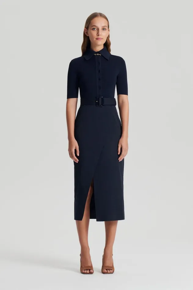 Women Scanlan Theodore Dresses CREPE KNIT PENCIL COTTON DRESS Navy Women Scanlan Theodore Dresses CREPE KNIT PENCIL COTTON DRESS Navy