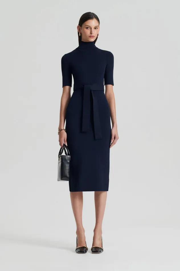 Women Scanlan Theodore Dresses CREPE KNIT SHORT SLEEVE POLO DRESS Navy