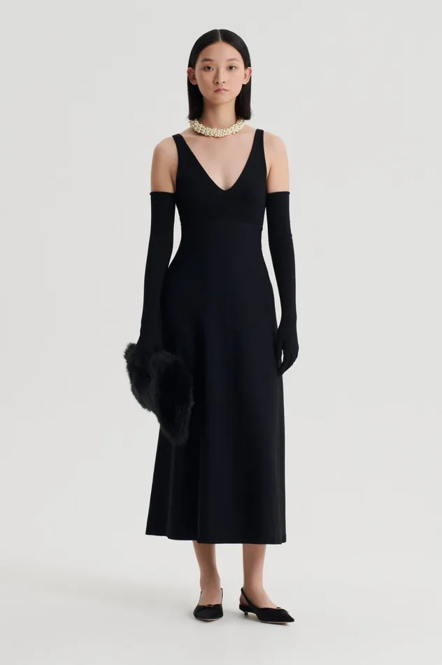 Women Scanlan Theodore Dresses CREPE KNIT V NECK DRESS Black