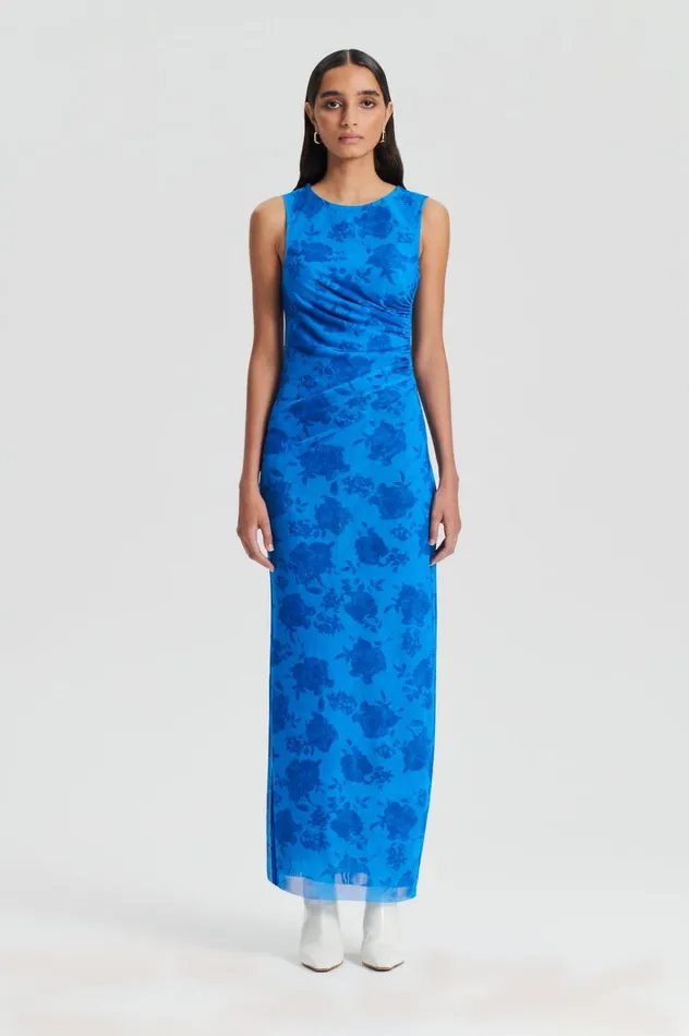 Women Scanlan Theodore Dresses FLORAL LACE PRINT MESH DRESS Blue