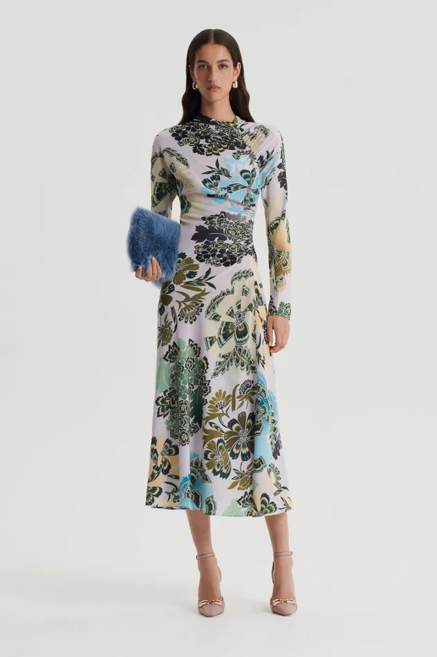 Women Scanlan Theodore Dresses SILK PRINT GATHER DRESS Palegrey