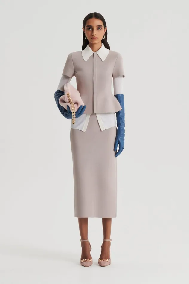 Women Scanlan Theodore Jackets CREPE KNIT SHORT SLEEVE PEPLUM JACKET Oyster