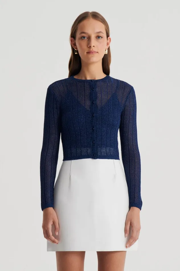 Women Scanlan Theodore Knitwear METALLIC KNIT CROP CARDIGAN Navy Women Scanlan Theodore Knitwear METALLIC KNIT CROP CARDIGAN Navy