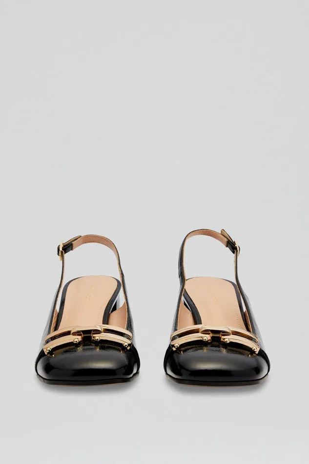 Women Scanlan Theodore Leather GOLD TRIM SLINGBACK 55 Black