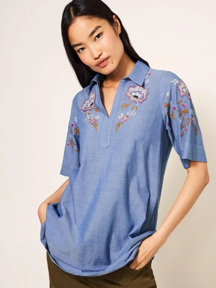 Women SHIRTS and BLOUSES White Stuff Savannah Embroidered Tunic Chambray Blue