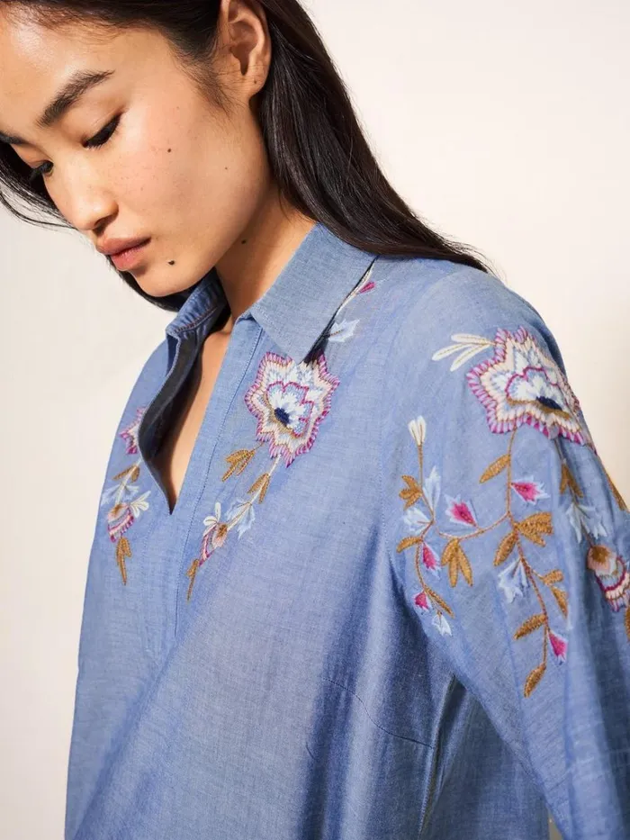 Women SHIRTS and BLOUSES White Stuff Savannah Embroidered Tunic Chambray Blue Women SHIRTS and BLOUSES White Stuff Savannah Embroidered Tunic Chambray Blue