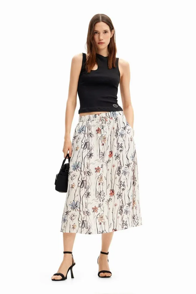 Women Skirts Desigual Illustrated Floral Midi Skirt