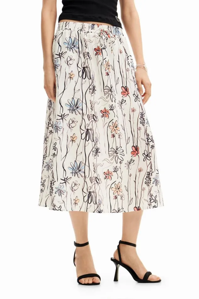 Women Skirts Desigual Illustrated Floral Midi Skirt