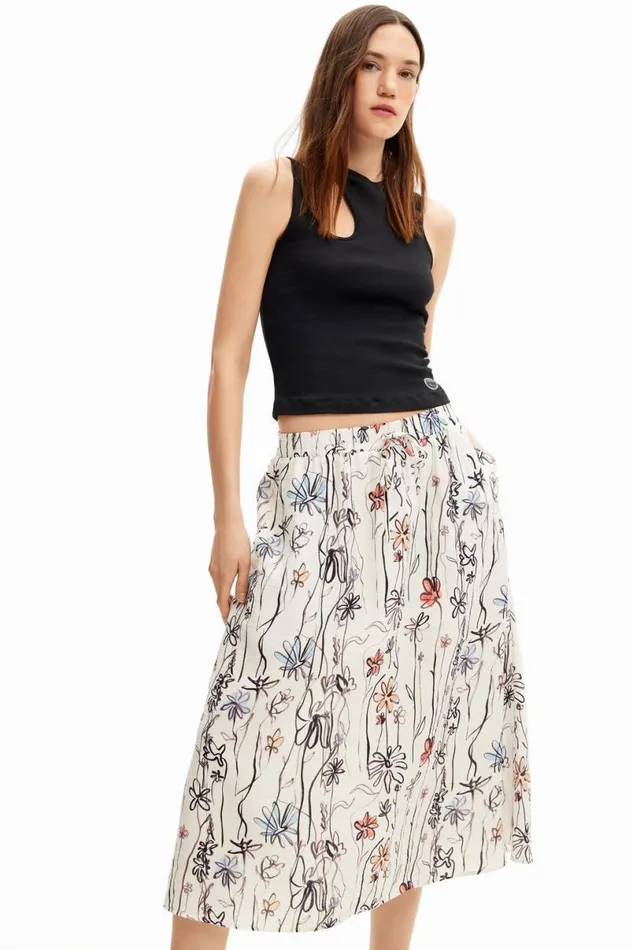 Women Skirts Desigual Illustrated Floral Midi Skirt